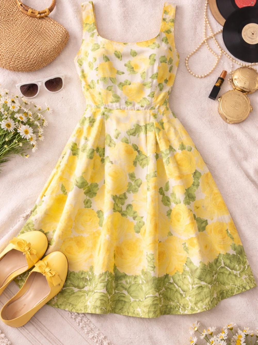 B. Smart vintage Yellow rose Floral Midi Dress fit and flare size 9/10 cotton